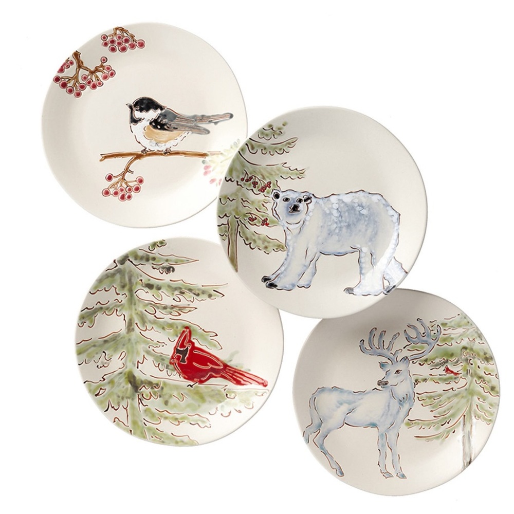 Pottery Barn Winter Wonderland Arctic Forest Salad Plates, Mixed Set of 4 ❄️🦌🌲